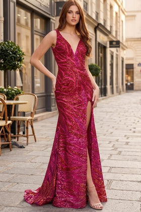 Sequin Gown with Plunging V-Neck Open Back & High Slit Floor Length Formal Dress by Jovani 47682