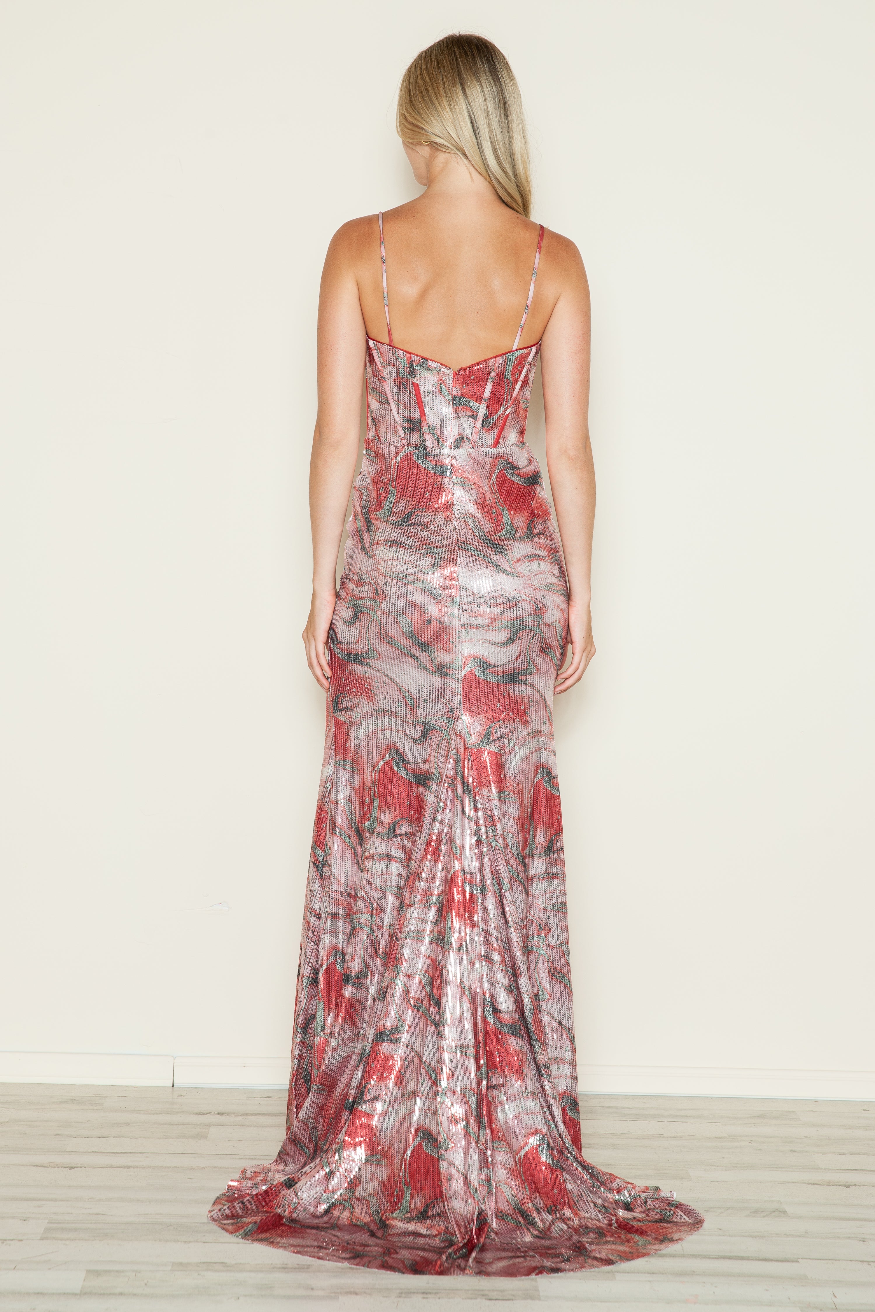 Poly USA 9442 Sequin Print Sleeveless Slit Gown