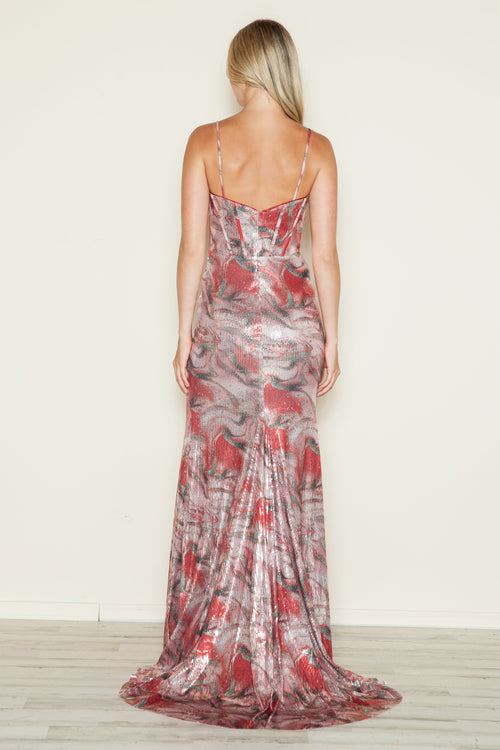 Poly USA 9442 Sequin Print Sleeveless Slit Gown