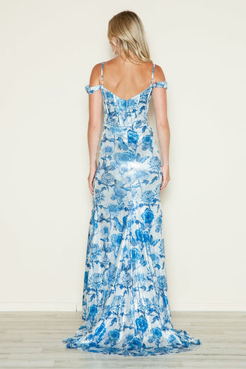 Poly USA 9444 Sequin Print Off Shoulder Slit Gown