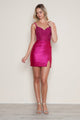 Poly USA 9458 Applique Satin Short V-Neck Slit Dress
