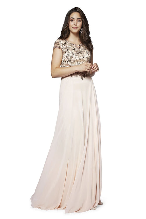 Abby Paris 95091 Beaded Illusion Sleeve Chiffon Gown