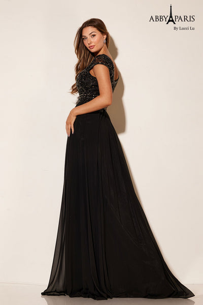 Abby Paris 95091 Beaded Illusion Sleeve Chiffon Gown