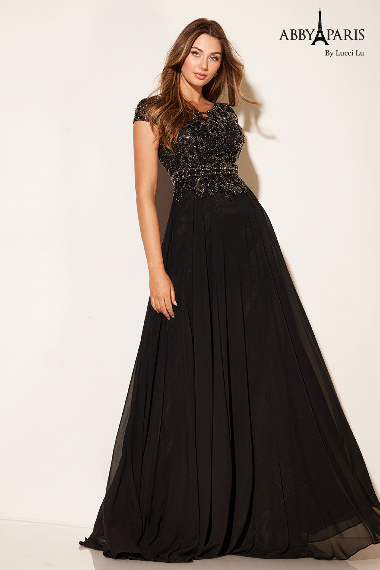 Abby Paris 95091 Beaded Illusion Sleeve Chiffon Gown