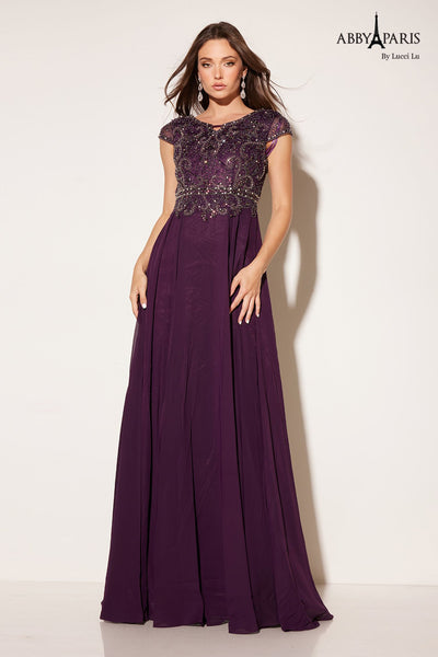 Abby Paris 95091 Beaded Illusion Sleeve Chiffon Gown