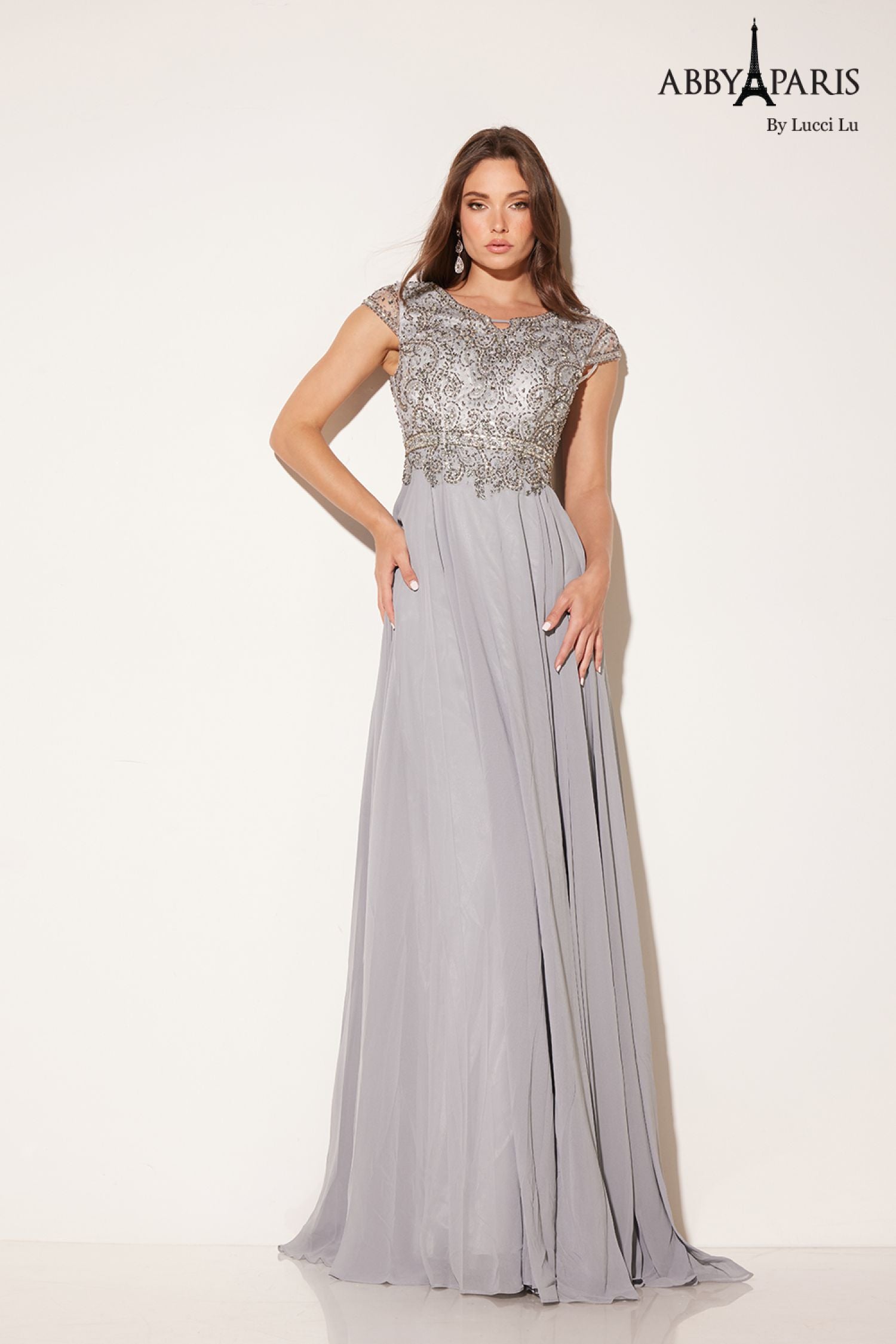 Abby Paris 95091 Beaded Illusion Sleeve Chiffon Gown