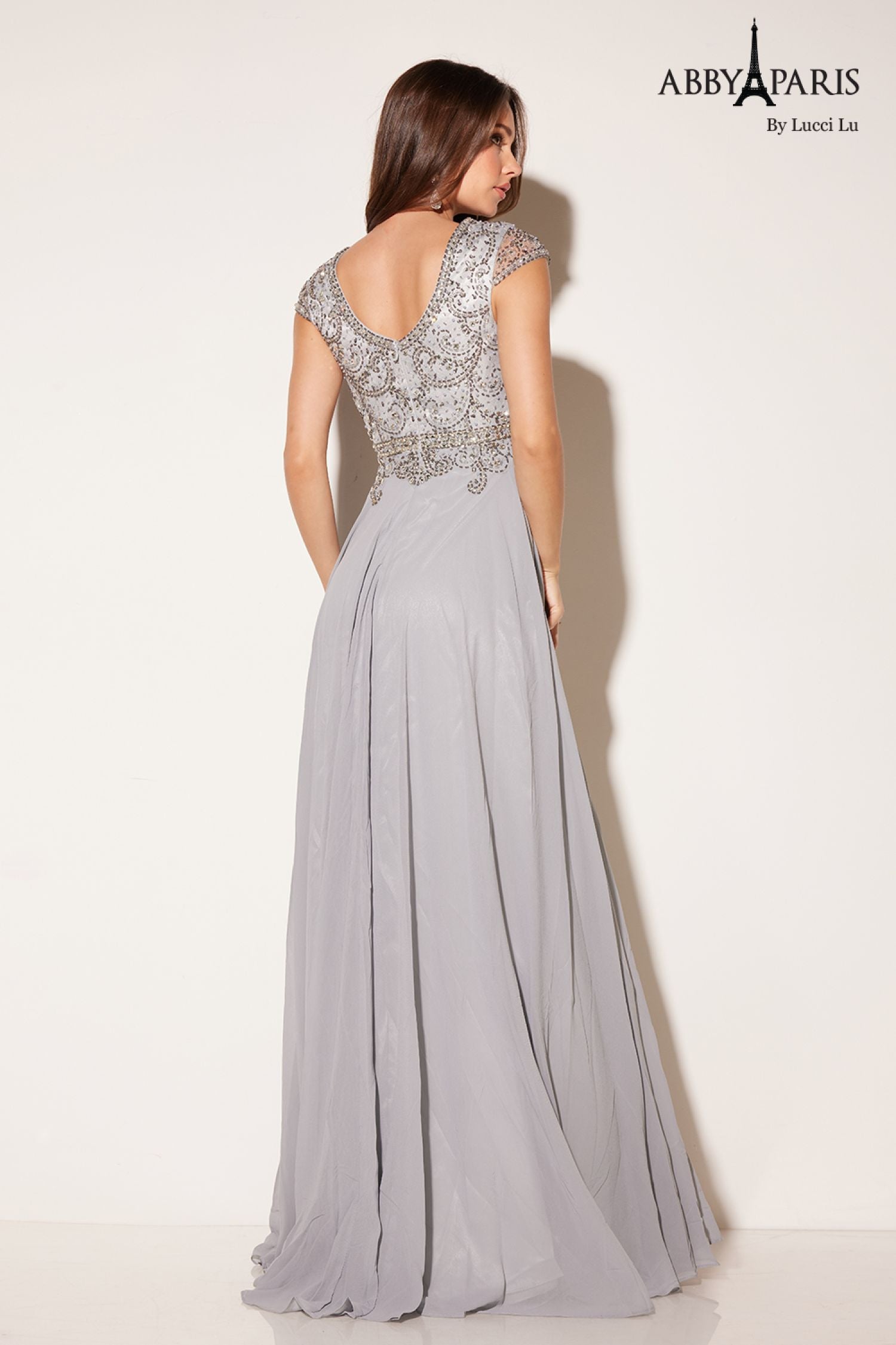 Abby Paris 95091 Beaded Illusion Sleeve Chiffon Gown