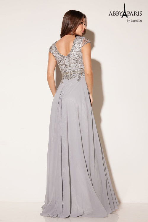 Abby Paris 95091 Beaded Illusion Sleeve Chiffon Gown