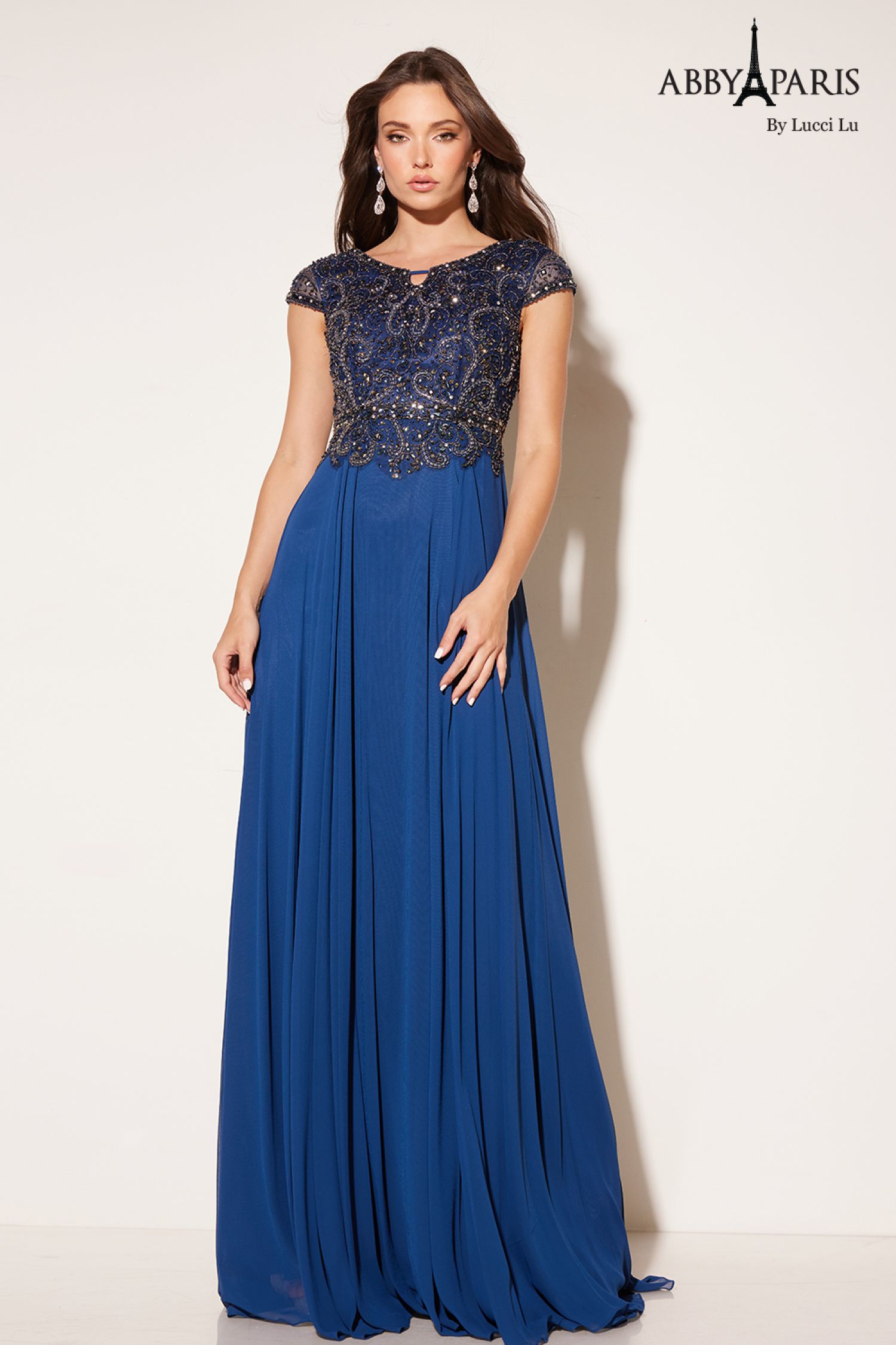 Abby Paris 95091 Beaded Illusion Sleeve Chiffon Gown