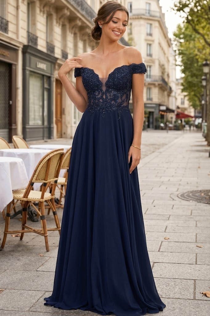 Navy Blue Bridesmaid Dresses-Inexpensive Chiffon Off Shoulder MQ1714