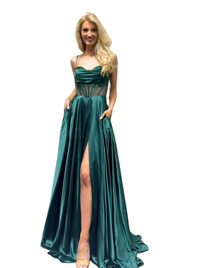 Sleeveless Beaded Corset Bodice Prom Dress High Slit & Pockets Evening Gown by Trevi L2861L
