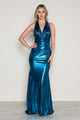 Poly USA 9542 Metallic Fitted Halter V-Neck Gown