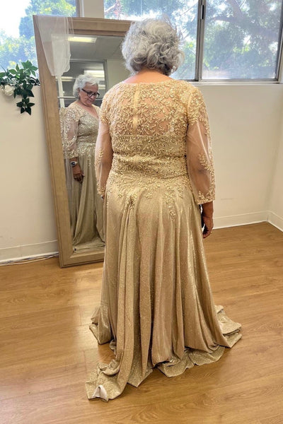 3/4 Illusion Sleeve Beaded Sequin Lace Bodice Glitter Mother of the Bride Gown by May Queen MQ2227