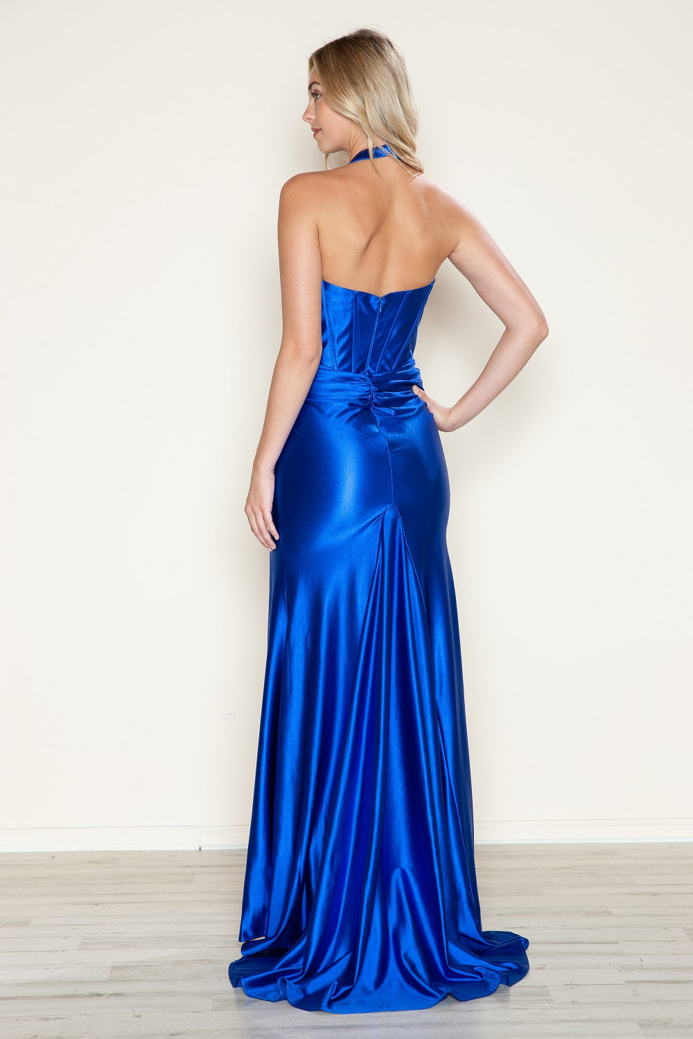 Poly USA 9562 Satin Fitted Halter Slit Gown