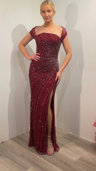 Off Shoulder Evening Gown with Sheer Neckline & Thigh Slit Formal Maxi Dress by Jovani 47105