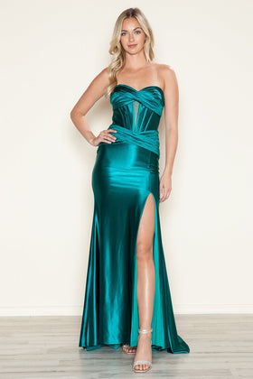 Poly USA 9574 Satin Fitted Strapless Slit Gown