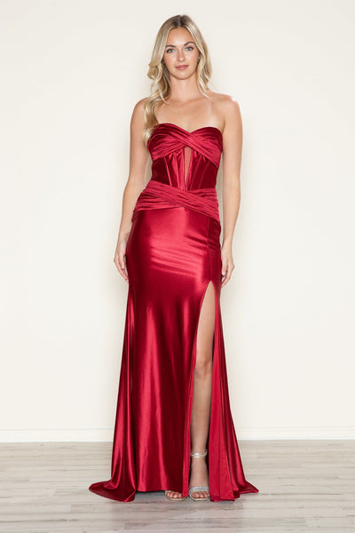 Poly USA 9574 Satin Fitted Strapless Slit Gown