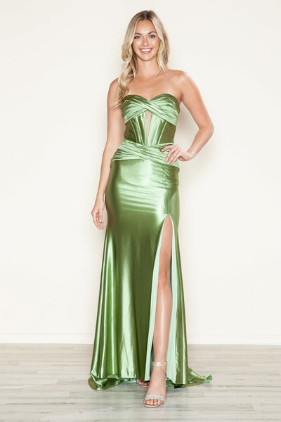 Poly USA 9574 Satin Fitted Strapless Slit Gown