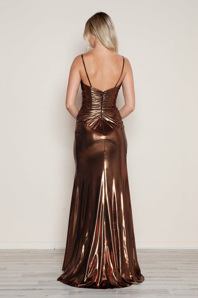 Poly USA 9582 Metallic Fitted Sleeveless Slit Gown