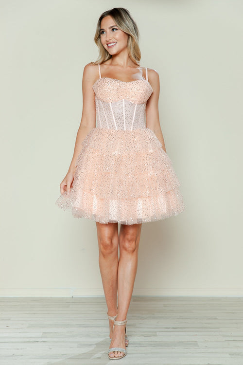 Poly USA 9586 Glitter Short A-line Tiered Dress
