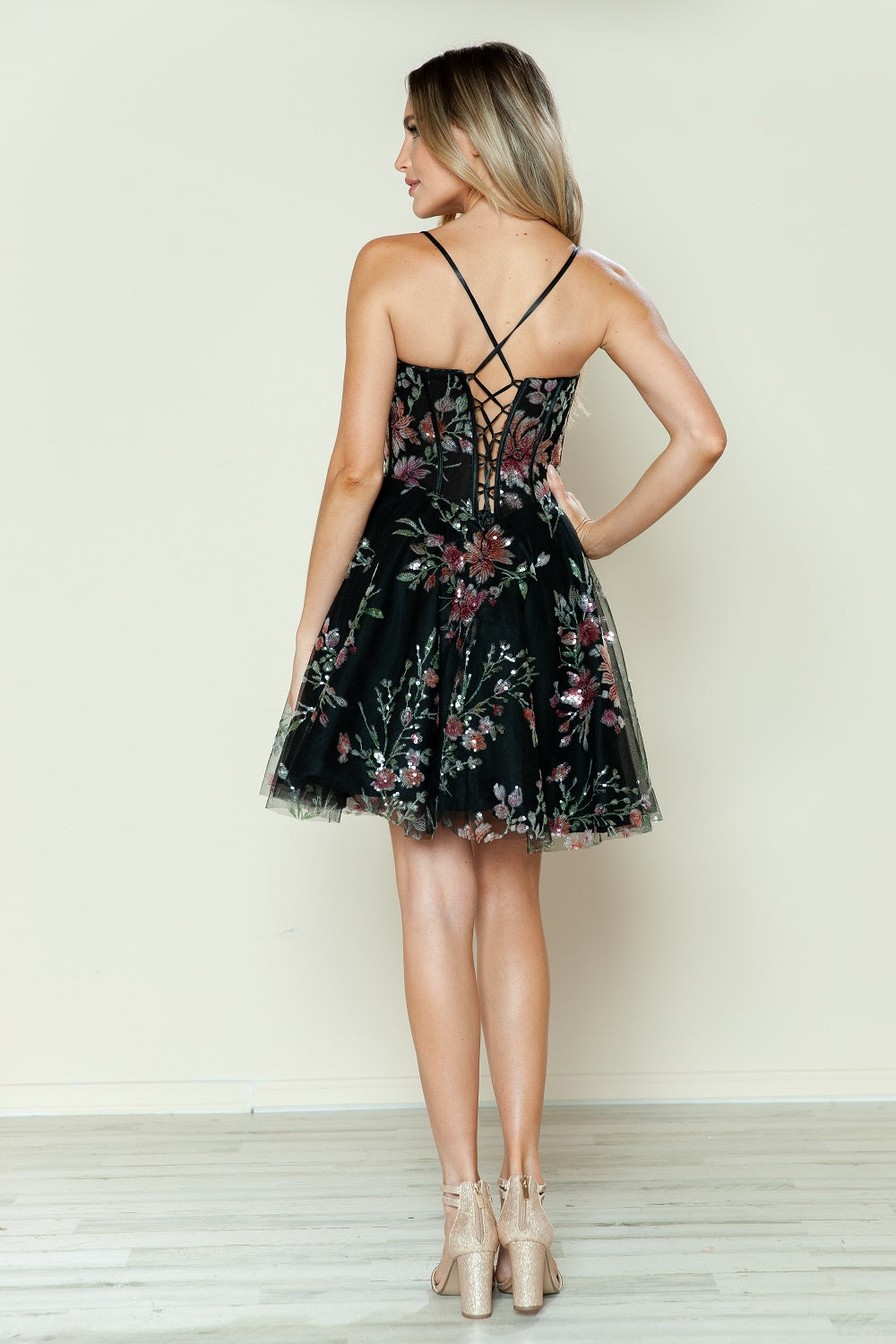 Poly USA 9588 Floral Print Short Sleeveless A-line Dress