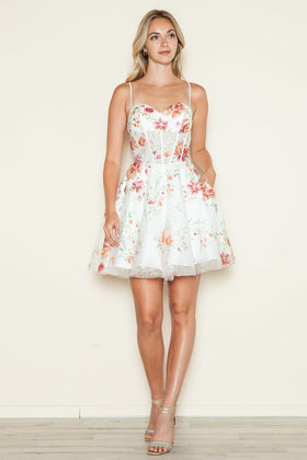 Poly USA 9588 Floral Print Short Sleeveless A-line Dress