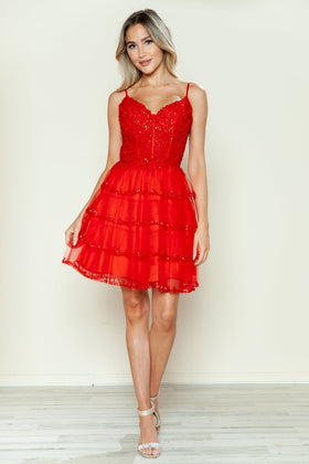 Poly USA 9592 Applique Short A-line Tiered Dress