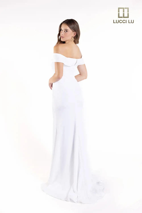 Crepe Off Shoulder Slit Gown by Lucci Lu 8262