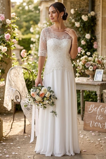 White Beaded Lace Bridal Gown with Sheer Sleeves and Flowing Chiffon Skirt By Eva USA 5222 (Copy)