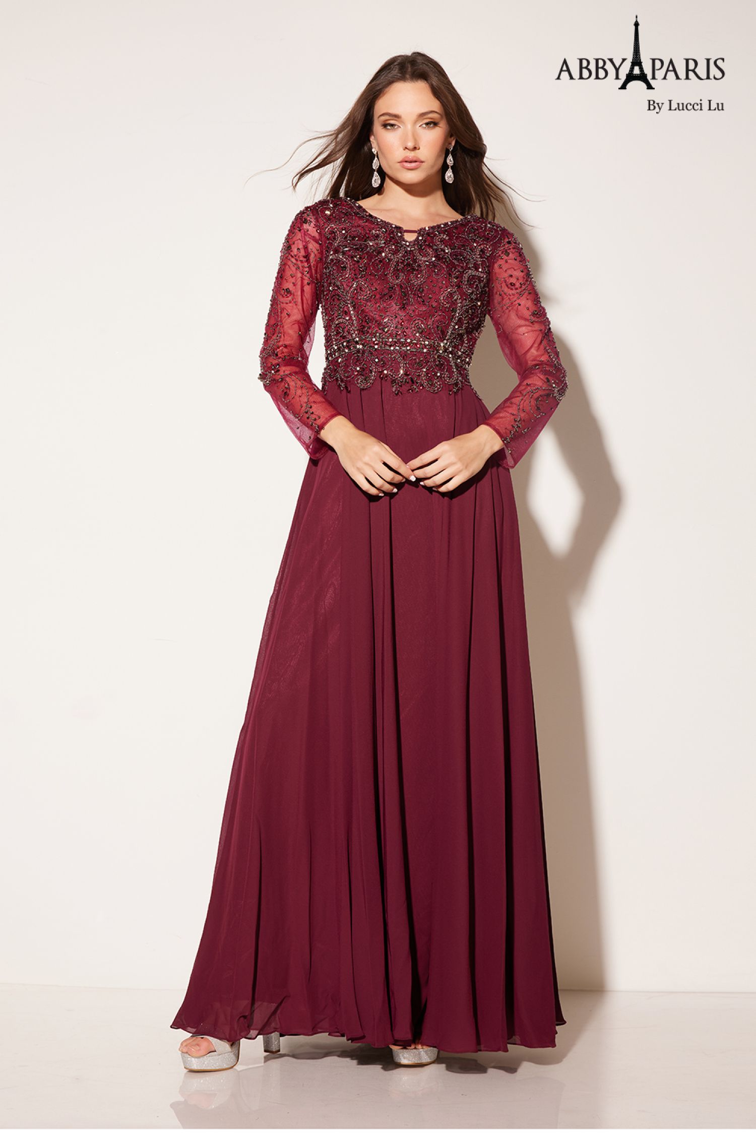 Abby Paris 96040W Beaded Illusion Sleeve Chiffon Gown