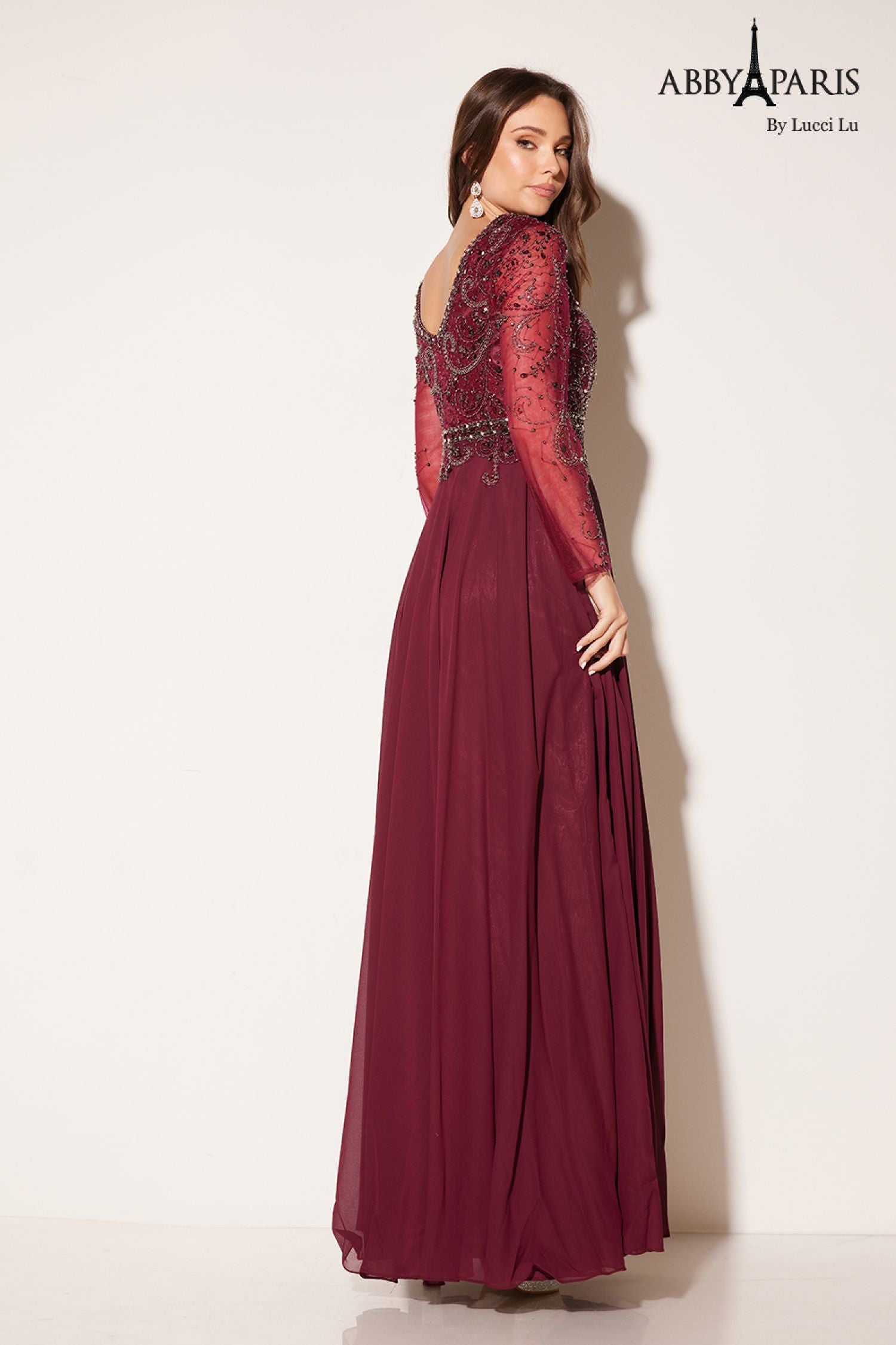 Abby Paris 96040W Beaded Illusion Sleeve Chiffon Gown