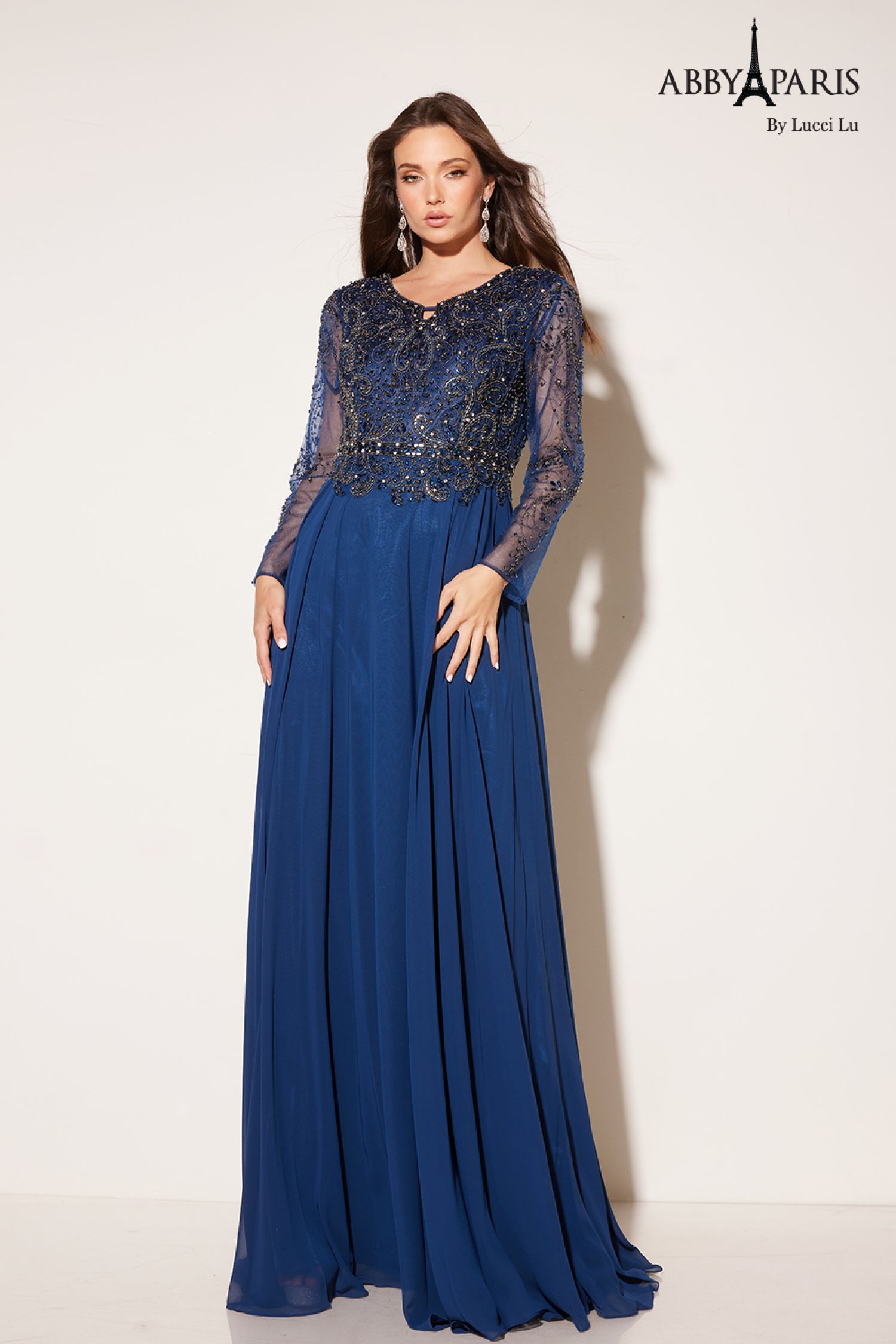 Abby Paris 96040W Beaded Illusion Sleeve Chiffon Gown