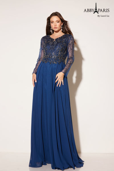 Abby Paris 96040W Beaded Illusion Sleeve Chiffon Gown