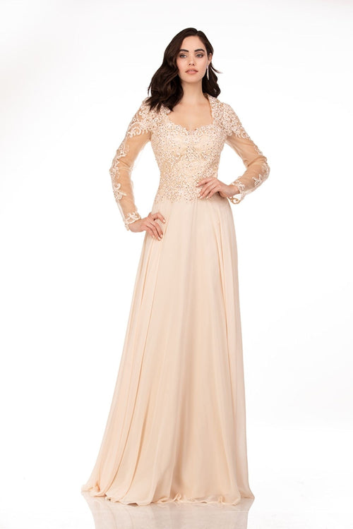 Abby Paris 96044W Embroidered Illusion Sleeve Chiffon Gown