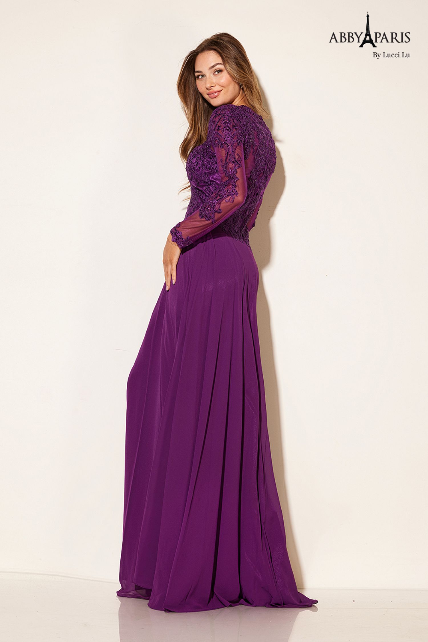 Abby Paris 96044W Embroidered Illusion Sleeve Chiffon Gown