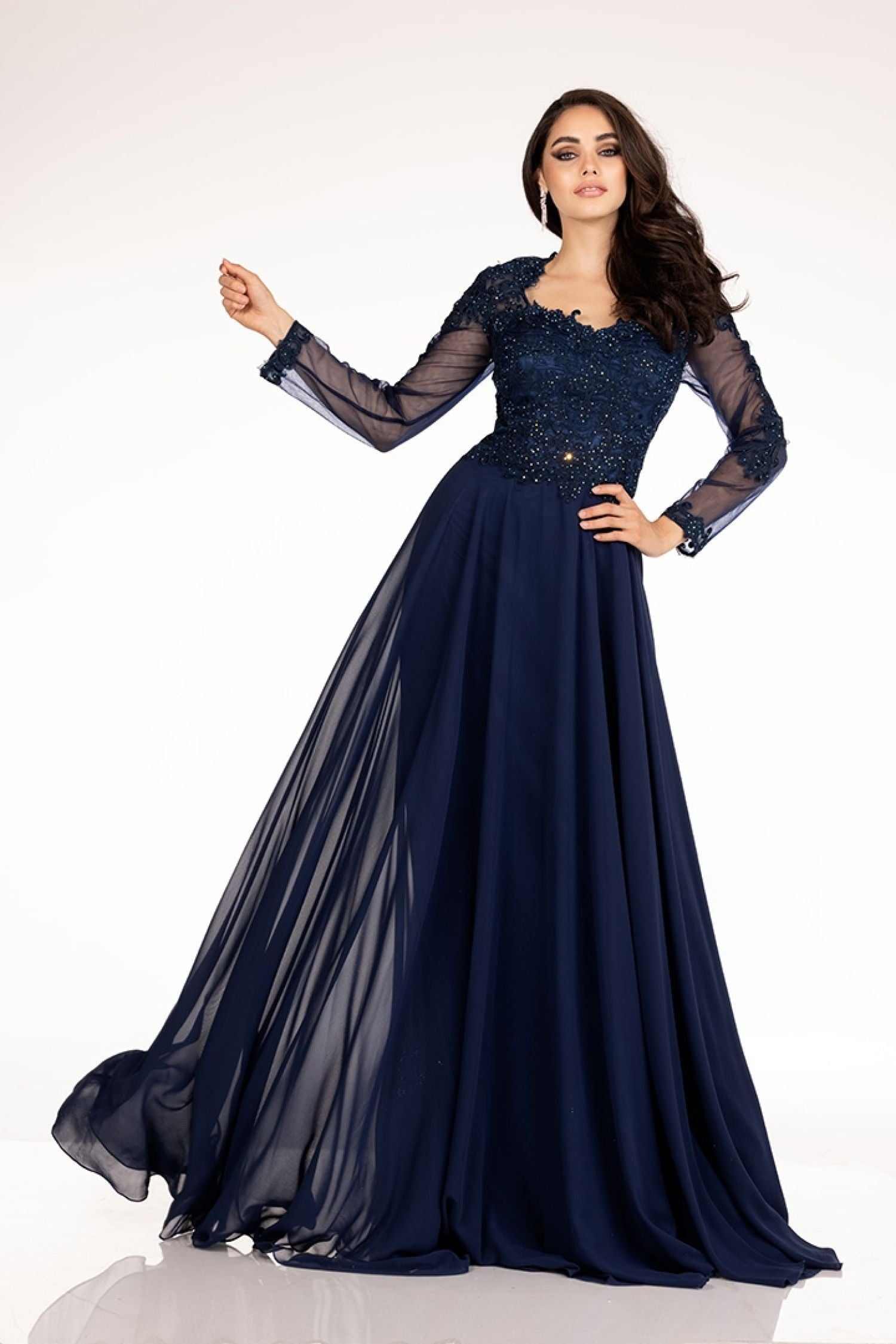 Abby Paris 96044W Embroidered Illusion Sleeve Chiffon Gown