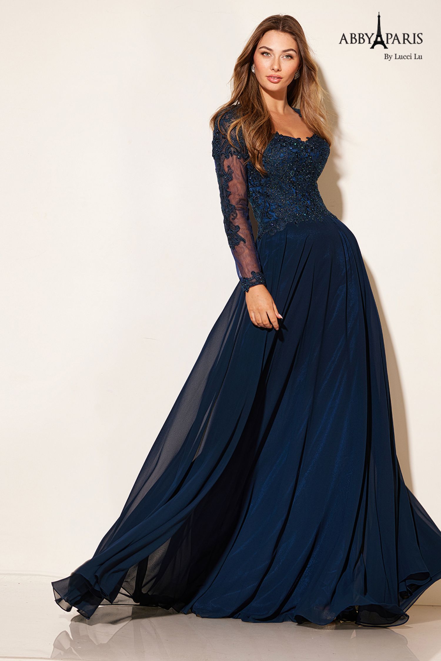 Abby Paris 96044W Embroidered Illusion Sleeve Chiffon Gown