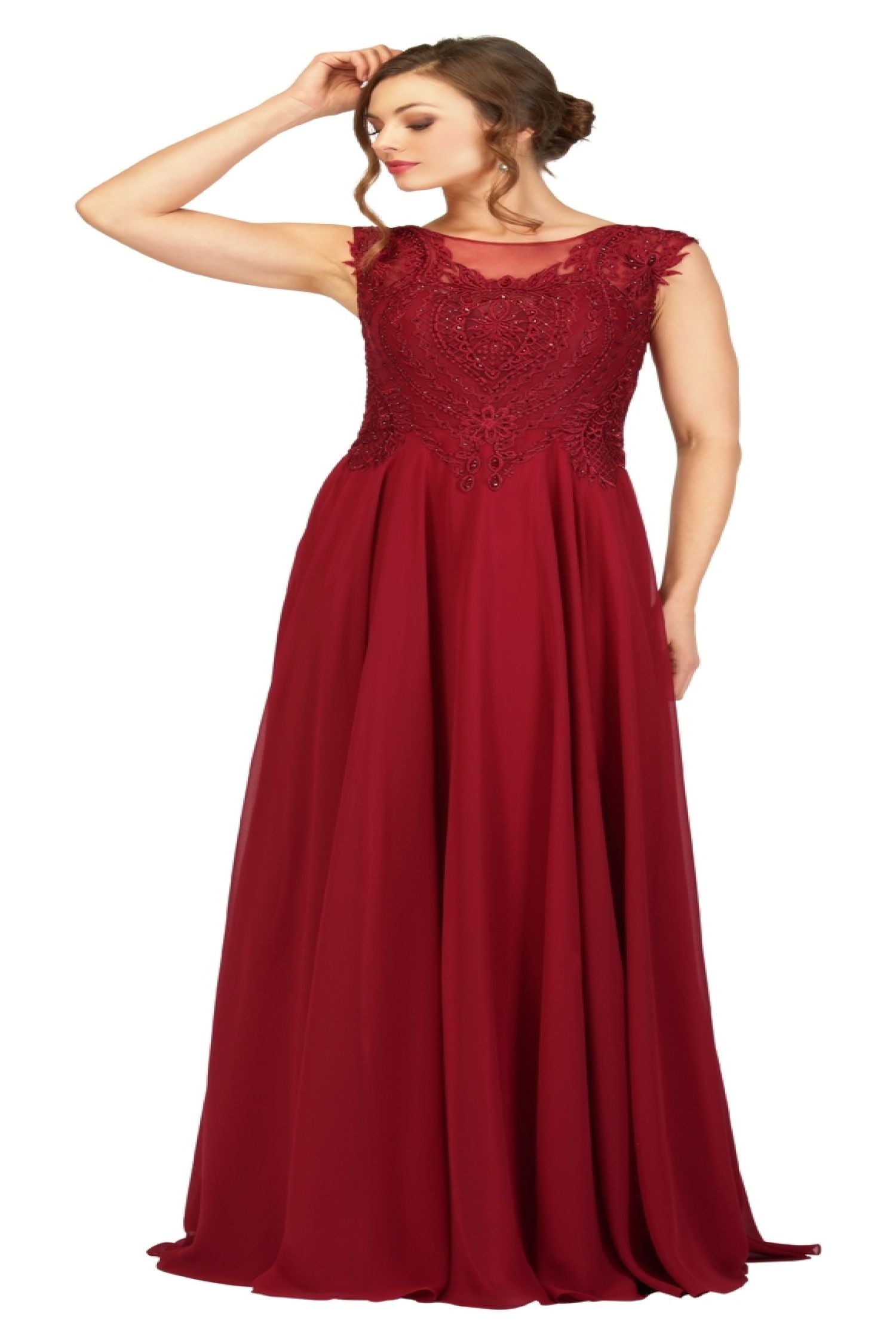 Abby Paris 96051W Lace Illusion Neck Cap Sleeve Gown