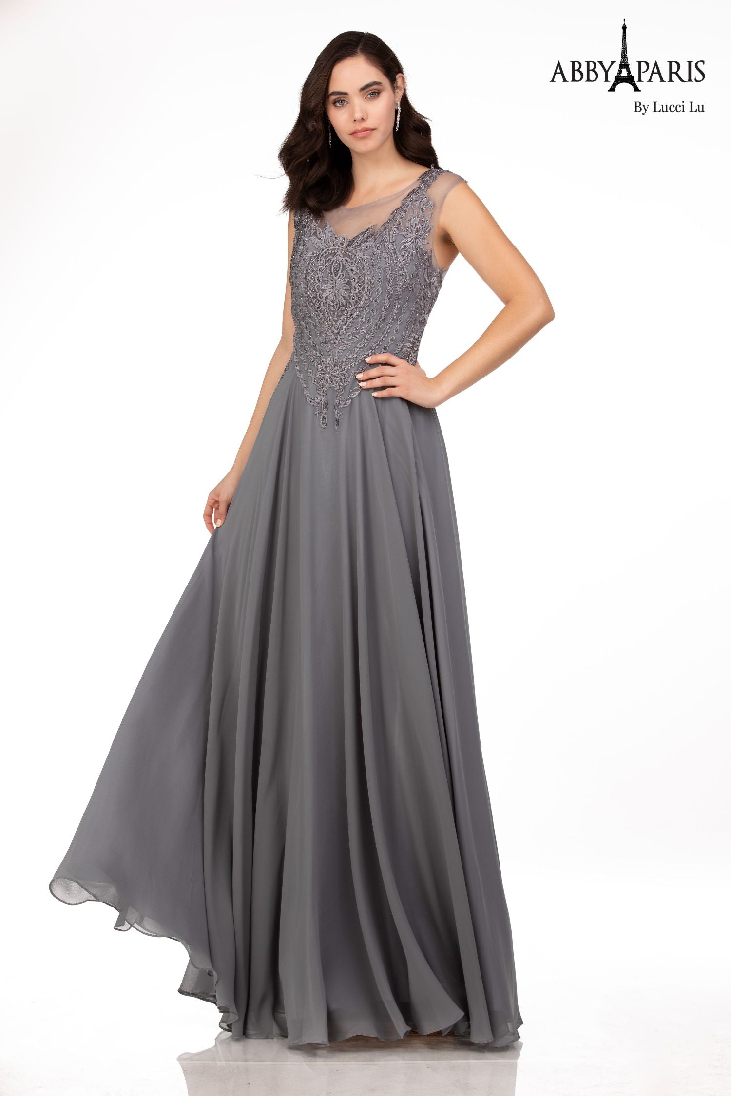 Abby Paris 96051W Lace Illusion Neck Cap Sleeve Gown
