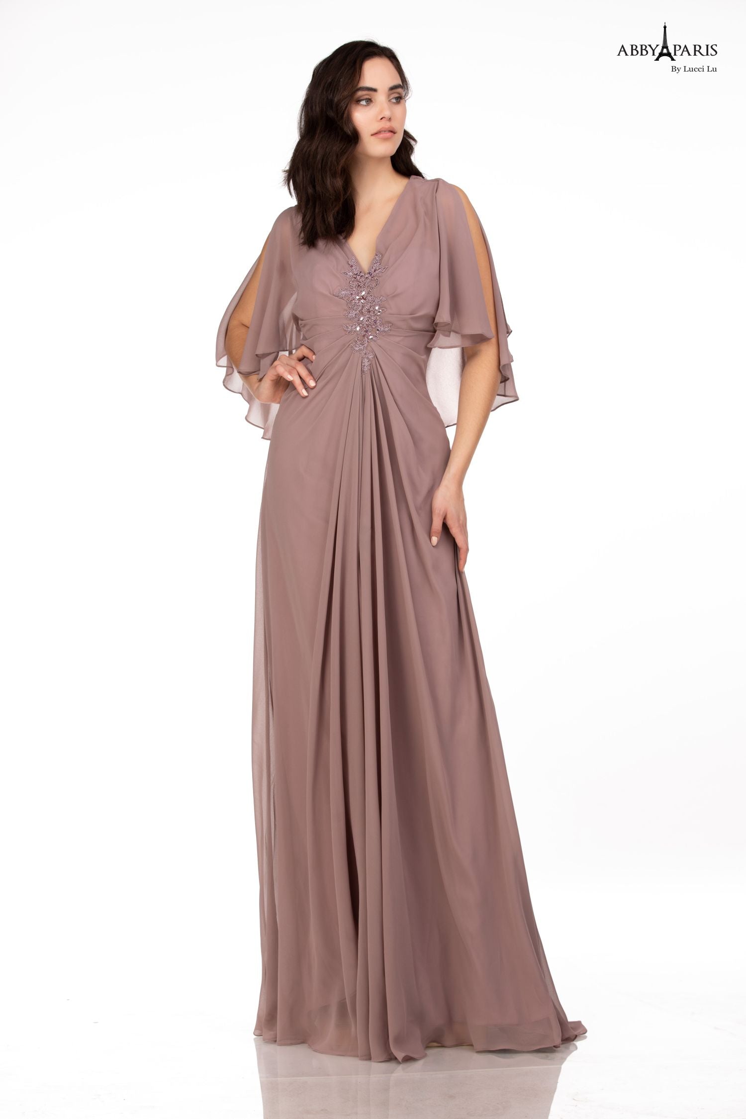 Abby Paris 96054W Beaded V-neck Chiffon Capelet Gown