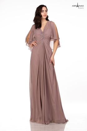 Abby Paris 96054W Beaded V-neck Chiffon Capelet Gown