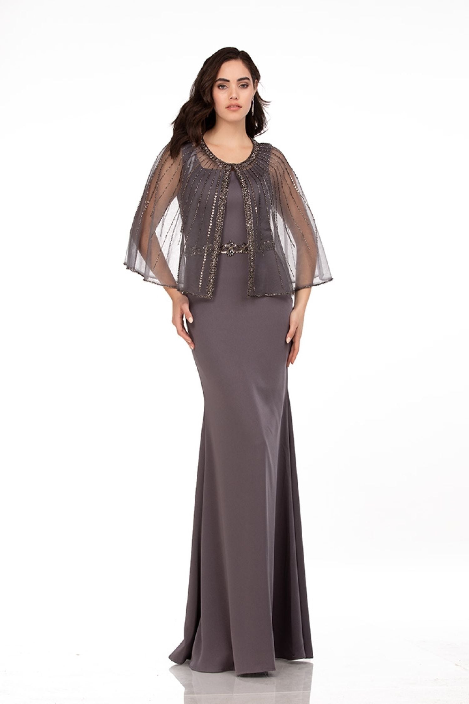 Abby Paris 96062W Detachable Tulle Capelet Crepe Gown