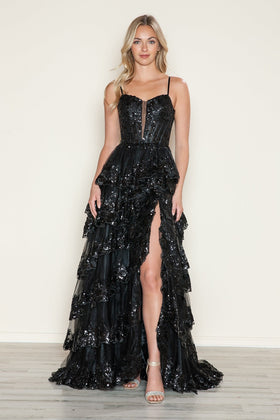 Poly USA 9606 Applique Sleeveless Tiered Slit Gown