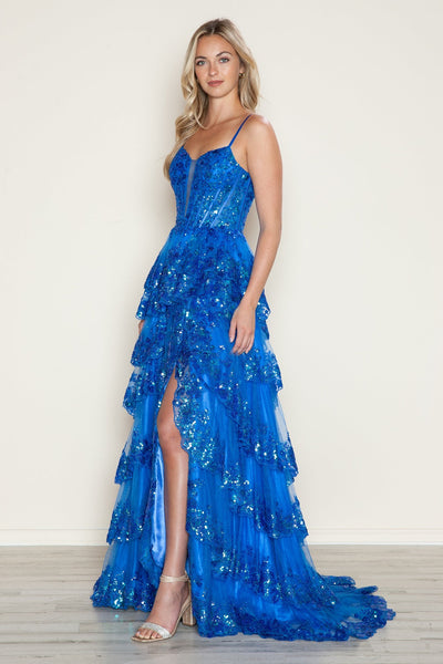 Poly USA 9606 Applique Sleeveless Tiered Slit Gown