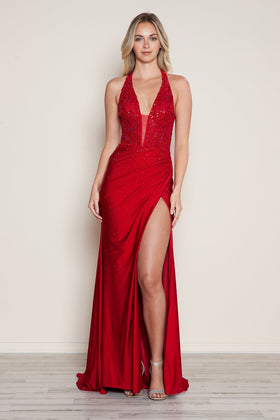 Poly USA 9614 Applique Jersey Halter Slit Gown