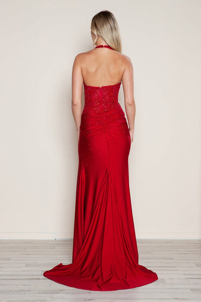 Poly USA 9614 Applique Jersey Halter Slit Gown