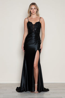 Poly USA 9616 Applique Satin Sleeveless Slit Gown