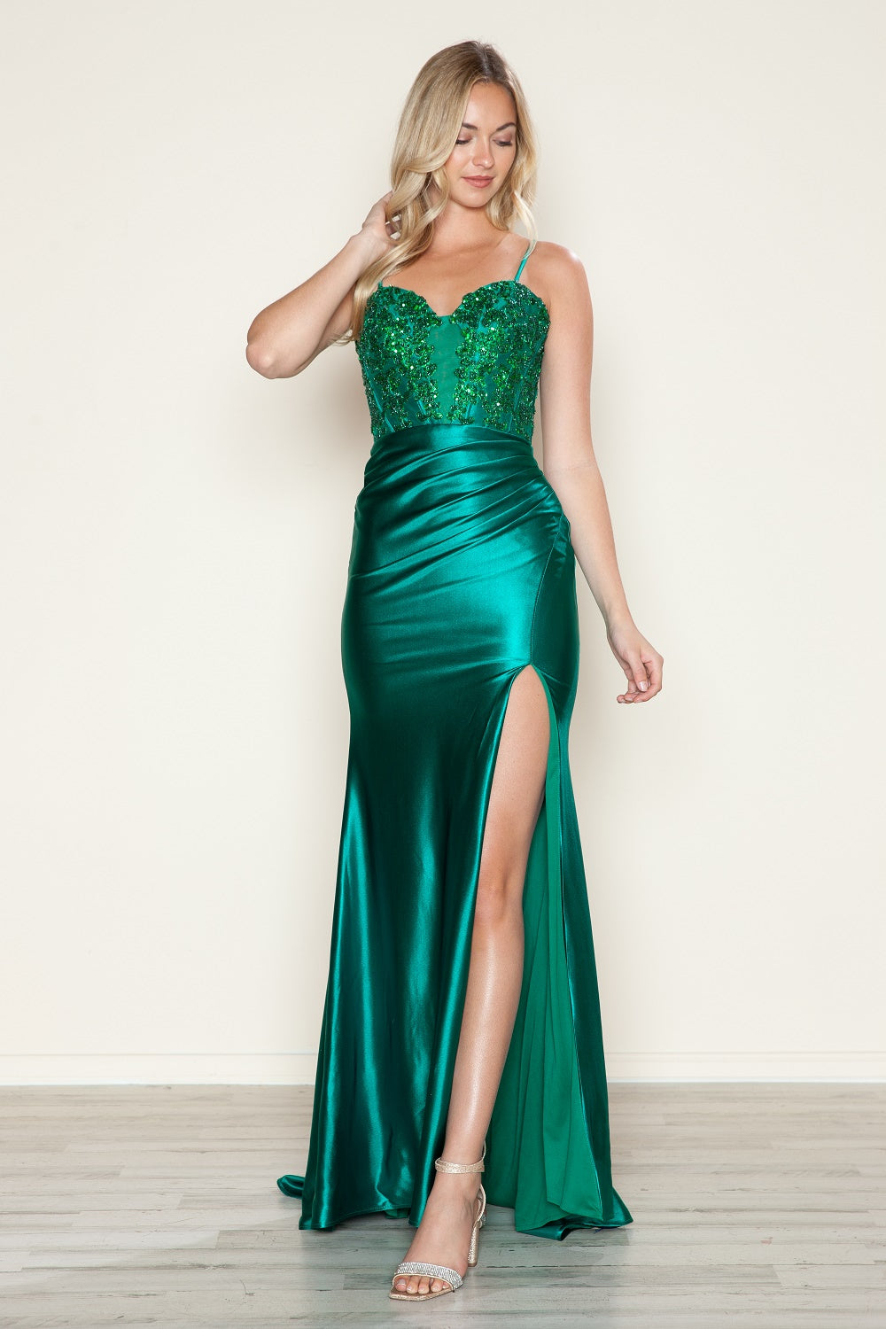 Poly USA 9616 Applique Satin Sleeveless Slit Gown