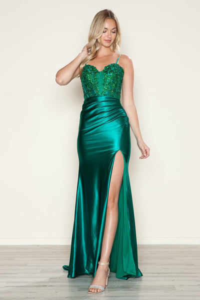 Poly USA 9616 Applique Satin Sleeveless Slit Gown
