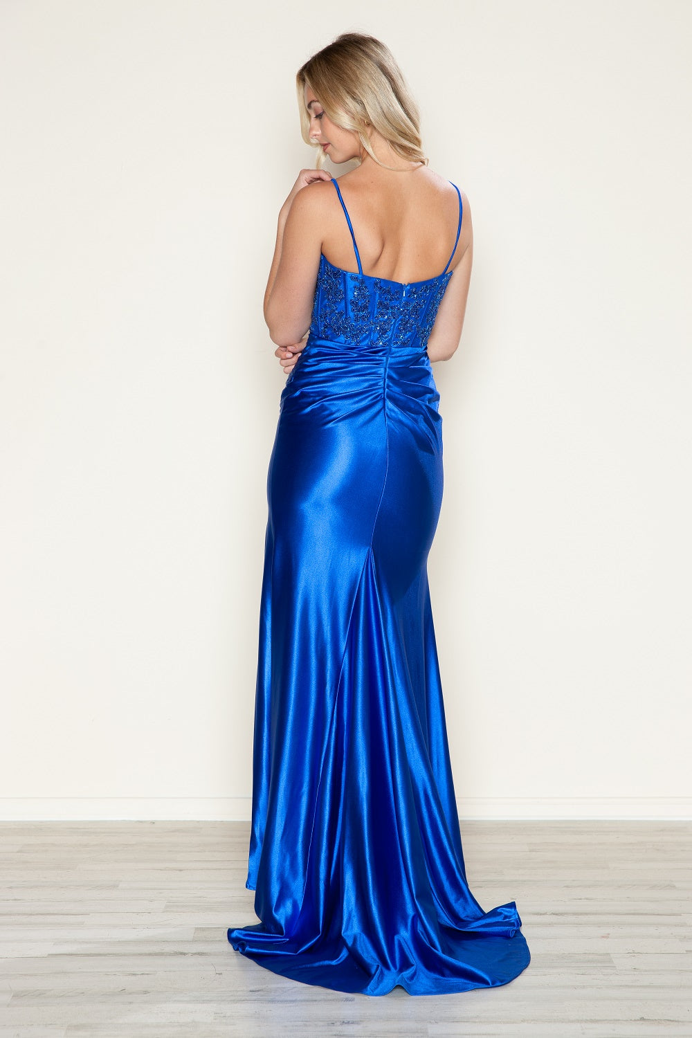 Poly USA 9616 Applique Satin Sleeveless Slit Gown